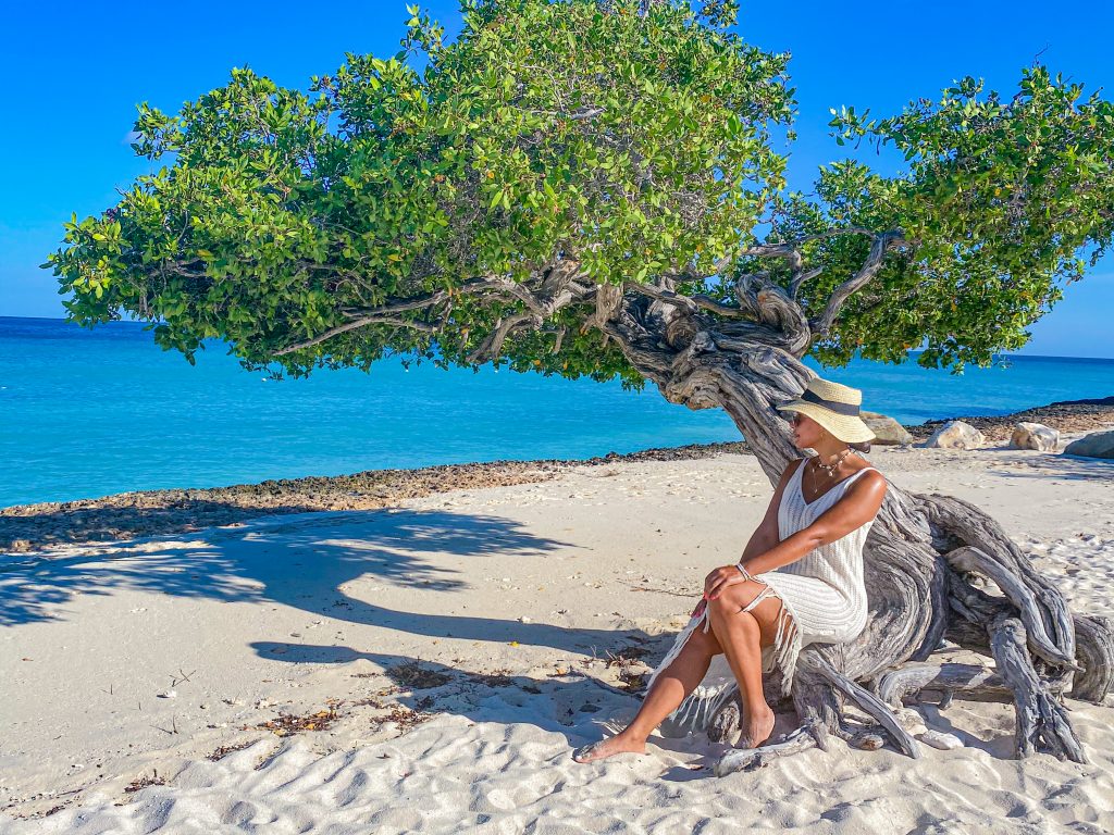 Foto da Camilli, com vestido de crochet e chapéu, sentada na Divi Tree na Eagle beach em Aruba.